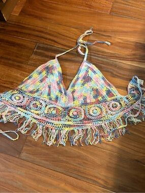 Timing Crochet Fringe Halter Festival Crop Top Pastel Boho S/M (1164)‎